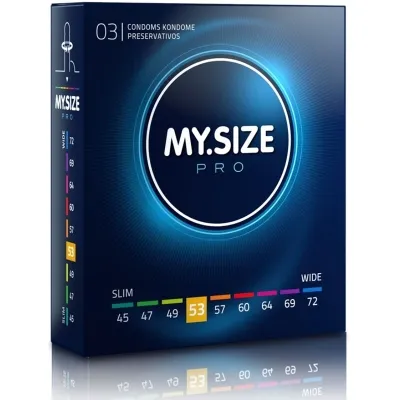 Packaging of My.Size Pro condoms, size 53, with a size guide from 45 to 72 mm on the side.