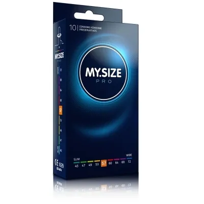 Packaging of MY.SIZE Pro condoms, size 57, with size guide from 45 to 72 mm.