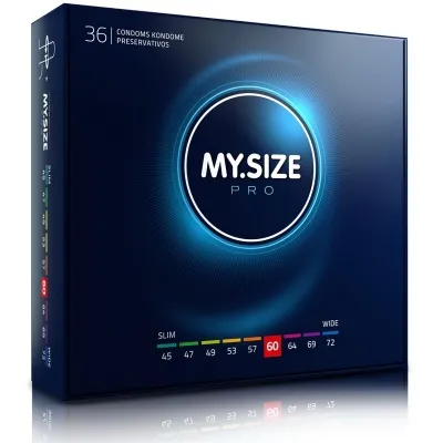 Packaging of MY.SIZE Pro condoms, 36 pieces, with size indications from 45 to 72 mm, highlighted size 60 mm.