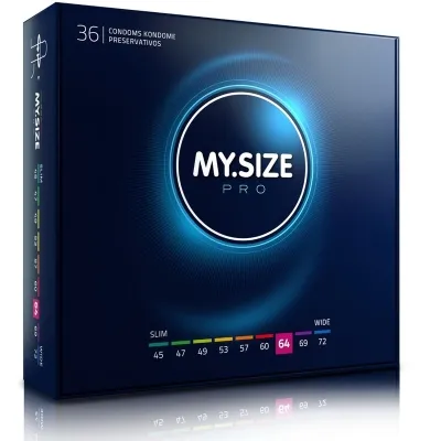 Packaging of MY.SIZE Pro condoms, size 64, with different size options on the side.