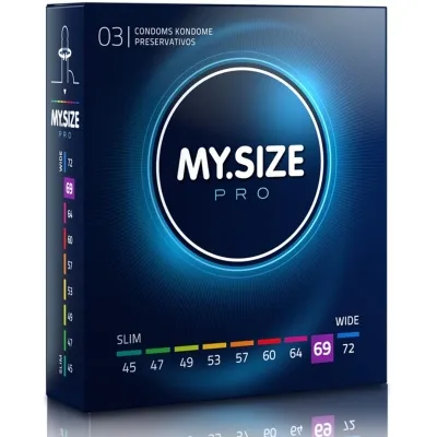 Verpackung von MY.SIZE Pro Kondomen, Größe 69, mit Größenübersicht von 45 bis 72 mm auf der Seite.