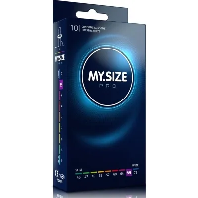 Packaging of MY.SIZE Pro condoms, size 69, with size guide from 45 to 72 mm.