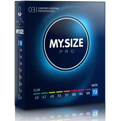 Verpackung von My.Size Pro Kondomen, Größe 72, mit verschiedenen Größenoptionen von 45 bis 72 auf der Seite.