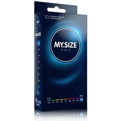Verpackung von MY.SIZE Pro Kondomen, Größe 72, mit Größenübersicht und CE-Kennzeichnung.