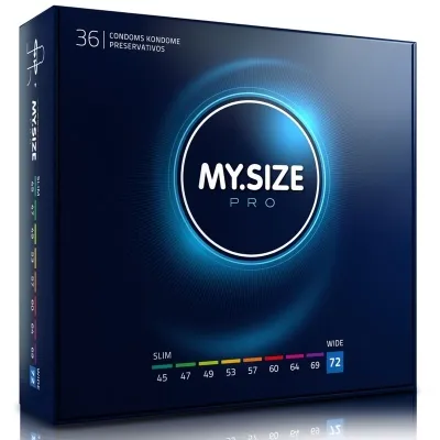 Packaging of MY.SIZE Pro condoms, 36 pieces, various sizes from 45 to 72 mm, dark blue design.