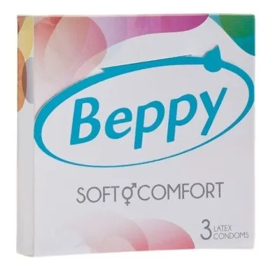 Verpackung von Beppy Soft Comfort, 3 Latexkondome, mit buntem Design und Logo.