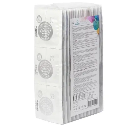Packung mit 72 Beppy Kondomen, seitlich gezeigt, mit Produktinformationen auf der Rückseite.