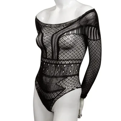 Schwarzer, langärmeliger Netz-Body auf einer Schaufensterpuppe, mit geometrischen Mustern und transparentem Design.