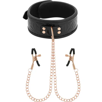 Schwarzes Halsband mit goldenen Ketten und Klammern, auf weißem Hintergrund.