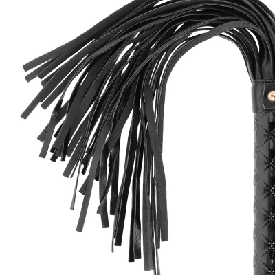 Black leather whip with many fringes and an ornate handle.