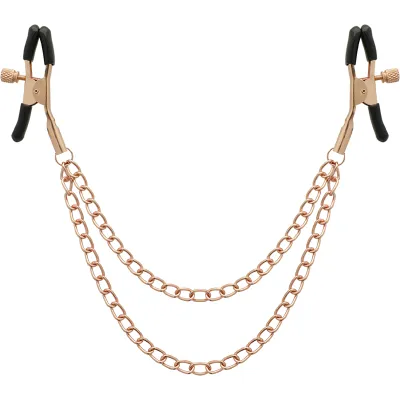 Two golden clamps with black tips, connected by a double chain.