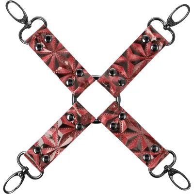 Red, star-shaped harness with black rivets and hooks at the ends, arranged in an X-shape.