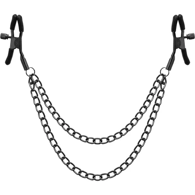 Black clamps with adjustable screws, connected by two chains.