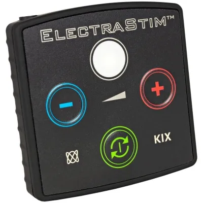 Schwarzes Elektrostimulationsgerät mit Plus- und Minus-Tasten, grünem Symbol und Schriftzug "ElectraStim KIX".