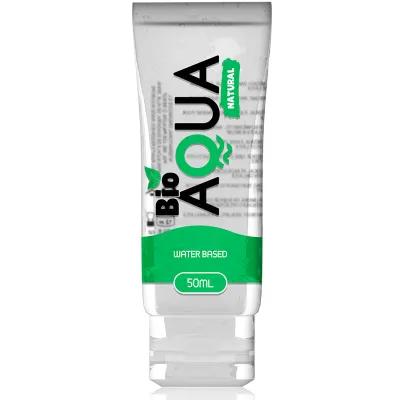 Transparente Tube mit grünem Etikett, Aufschrift "Bio Aqua Natural", 50 ml, wasserbasiert.