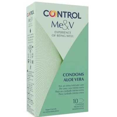 Pack of Control Me&V condoms with Aloe Vera, 10 pieces, vegan, green and white design.