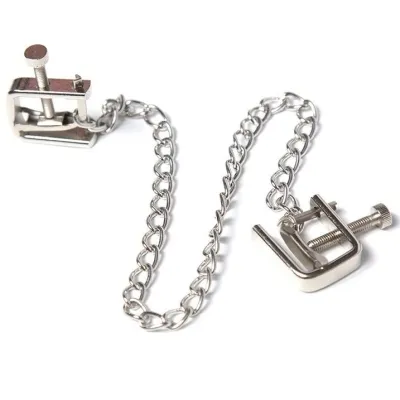 Silver clips with chain, on a white background.