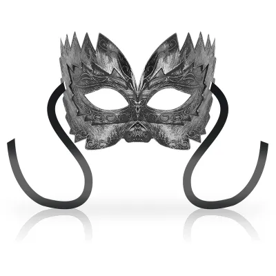 Silver Venetian mask with black ribbons and decorative patterns on a white background.