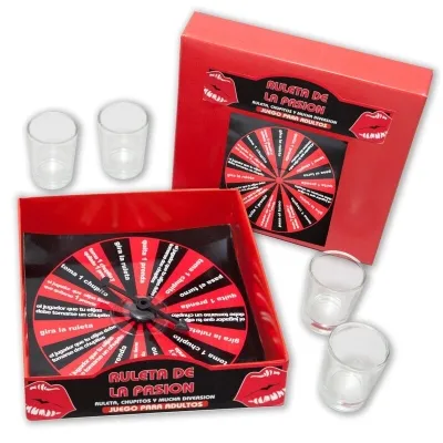 Red "Ruleta de la Pasión" playset with turntable and four shot glasses for adults.