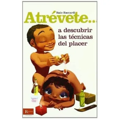 Zwei gezeichnete Figuren mit Massageöl und Kerze, Buchcover mit dem Titel "Atrévete... a descubrir las técnicas del placer".