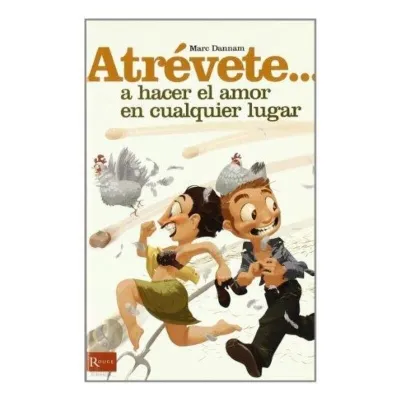 Comicfiguren rennen lachend mit Hühnern und Federn umher, Buchcover mit spanischem Titel.
