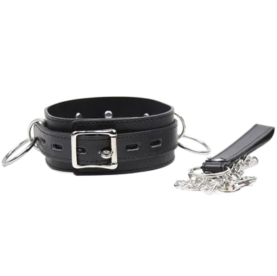 Black leather collar with metal buckle and chain, on a white background.