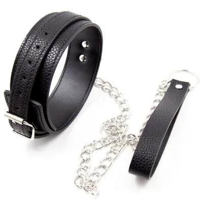 Black leather collar with silver chain and matching wrist strap on a white background.