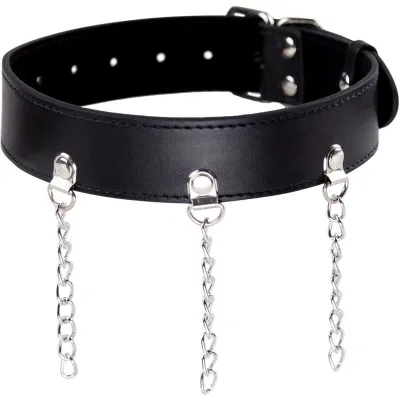 Black leather collar with three silver chains and buckles.