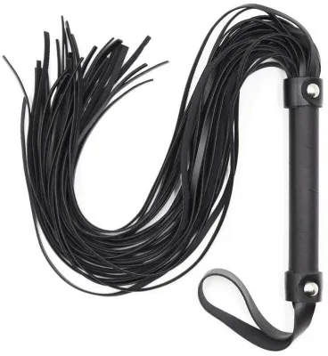 Black leather whip with many straps and a handle with a wrist strap.