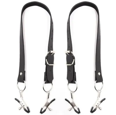 Two black leather straps with metal clips and buckles on a white background.