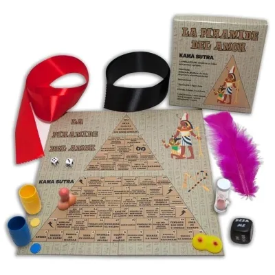 Brettspiel "La Pirámide del Amor" mit Zubehör: Würfel, Sanduhr, Bänder, Feder und Spielfiguren.