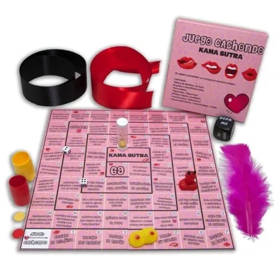 Erotisches Brettspiel-Set mit Würfeln, Sanduhr, Bändern, Feder und Spielbrett. Verpackung mit Lippen- und Herzdesign.