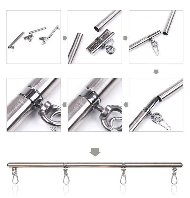 Assembly instructions for a metal rod with hooks, consisting of several parts that are plugged together.