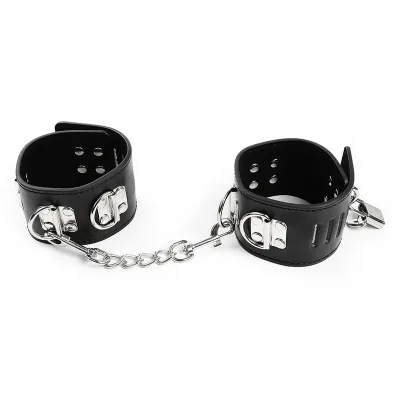 Black leather handcuffs with silver chain and buckles.
