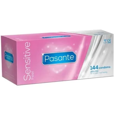 Rosa Verpackung von Pasante Sensitive Feel Kondomen, 144 Stück, ultra dünn für ein realistisches Gefühl.