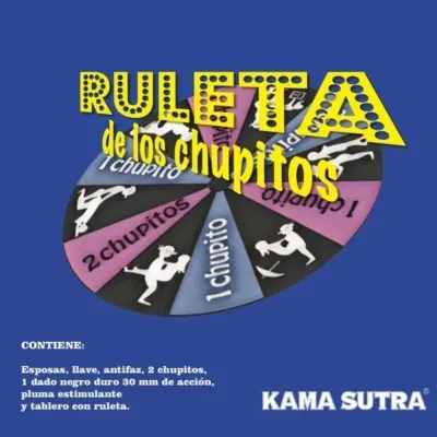 Roulette game "Ruleta de los chupitos" with figures and text on a blue background. Includes accessories such as handcuffs.