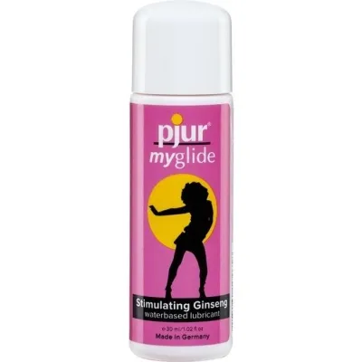 Flasche Gleitgel "pjur myglide" mit Ginseng, rosa Etikett, Silhouette einer tanzenden Frau, 30 ml, Made in Germany.