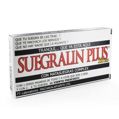 Box labelled "SUEGRALIN PLUS 500 MG" and humorous texts about mothers-in-law.