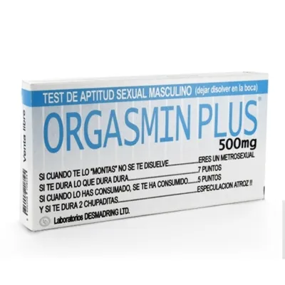 Packaging of "Orgasmin Plus" 500mg, a humorous product for a male sexuality test.