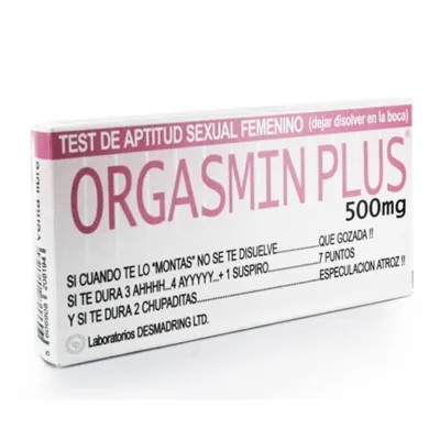 Verpackung von "Orgasmin Plus 500mg", ein humorvolles Produkt mit spanischem Text über sexuelle Leistungsfähigkeit.