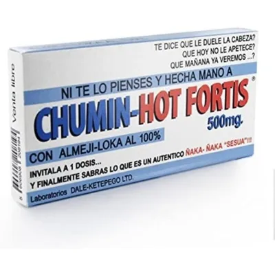 Verpackung von "Chumin-Hot Fortis" 500mg mit humorvollem Text auf Spanisch.