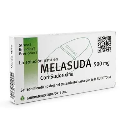 Packaging of a fictional medicine called Melasuda 500 mg, supposedly for stress and pressure, with humorous text.