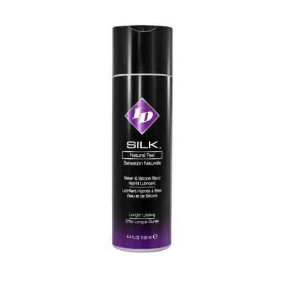 Black bottle of ID Silk lubricant, 130 ml, with purple logo and white text on the front.