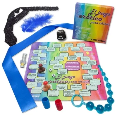 Erotic board game set with dice, playing pieces, hourglass, blindfold, feather, game board and packaging.