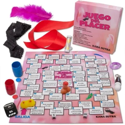 Board game "Juego del Placer" with accessories: dice, hourglass, feather, blindfold, game board and box.