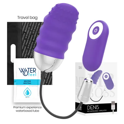 Purple vibrator with remote control, travel pouch and lubricant. Packaging in the background.