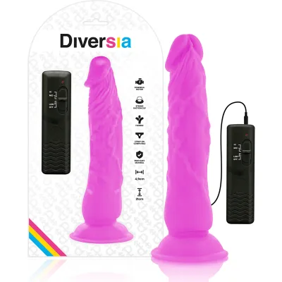 Verpackung eines pinken Vibrators mit Fernbedienung, Saugnapf und verschiedenen Funktionen, Marke Diversia.