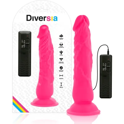 Pinkes Vibrator-Spielzeug mit Fernbedienung, Saugnapf und Verpackung mit Diversia-Logo.