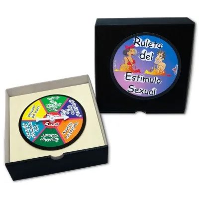 Schachtel mit "Ruleta del Estímulo Sexual" und bunter Drehscheibe mit verschiedenen Aufgaben.