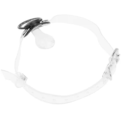Transparent pacifier with adjustable strap and buckle, on a white background.